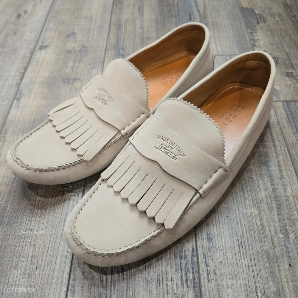 Gucci Mens Leather Kiltie Fringe Driving Loafers Moccasins Shoes Italy Commuter